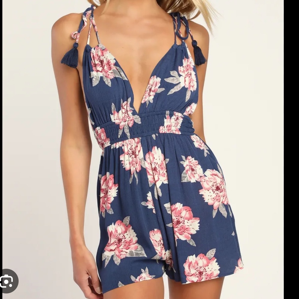 We Found Love Denim Blue Floral Print Romper